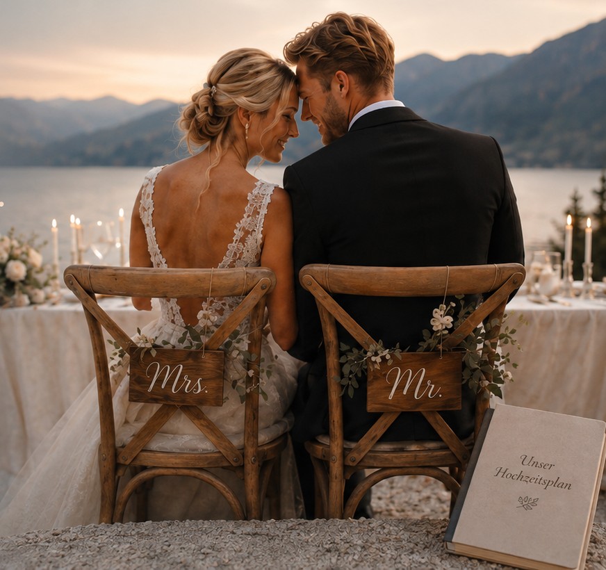 Brautpaar am See im Abendlicht — Braut im Spitzenkleid, Bräutigam im Anzug
